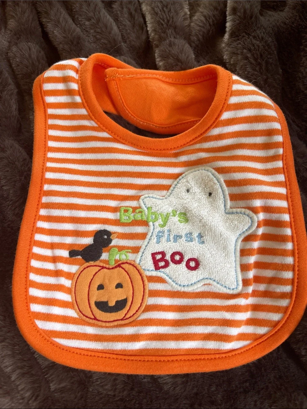 child of mine Orange Pumpkin Footie with Striped Bib